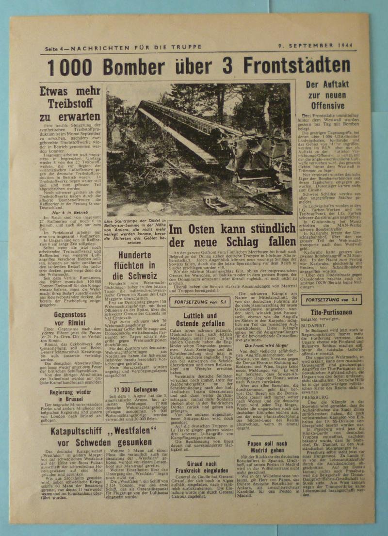 Third Reich : 'Nachrichten für die Truppe' Daily Newspaper Issue Nr. 146 dated 9 Sept. 1944. — image 2