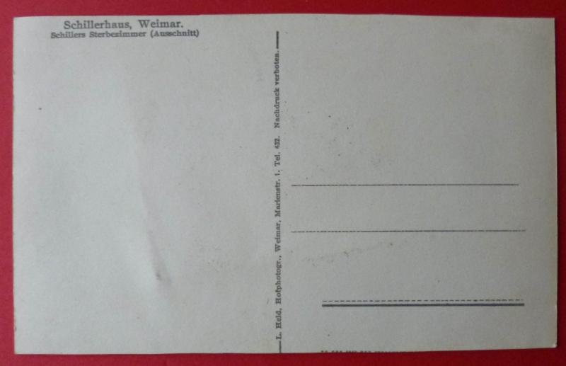 Third Reich : Postcard showing the Room / Bed where the German Playwright Friedrich Schiller died in 1805 in Weimar. — image 3