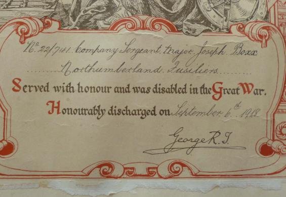 Original 1918 Honourable Discharge Certificate to 22/741 Company Sergeant Major Joseph Boxx, Northumberland Fusiliers. — image 2