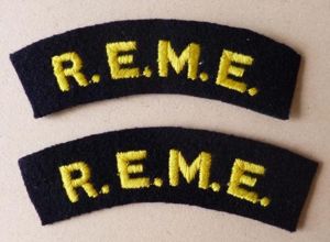 Pair of Royal Electrical & Mechanical Engineers 'R.E.M.E.' machine-embroidered cloth …