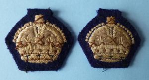 Pair of Army Major's Machine-embroidered King's Crowns on Dark-blue Backing.