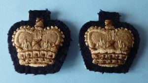 Pair of Army Major's Machine-embroidered Queen's Crowns on Dark-blue Backing. …