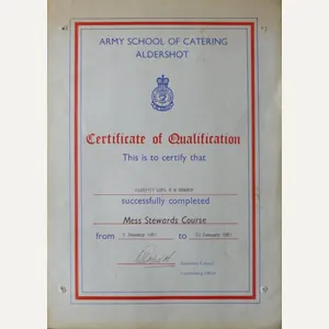 Army School of Catering Aldershot Certificate of Qualification.