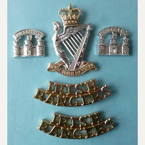 Set of Royal Irish Rangers Staybrite Cap-badge, Collar-badges and Shoulder-titles.