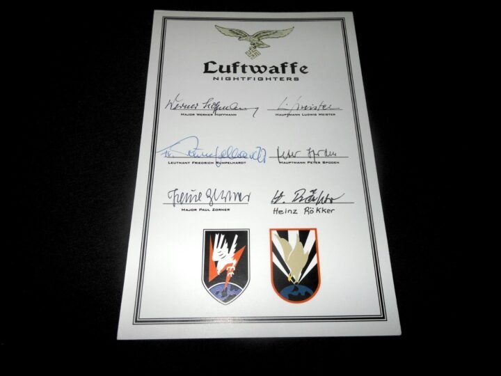 WW2 German Luftwaffe – FIGHTER PILOT AUTOGRAPHS x6 GROUPING CARD – NIGHTFIGHTERS — image 2