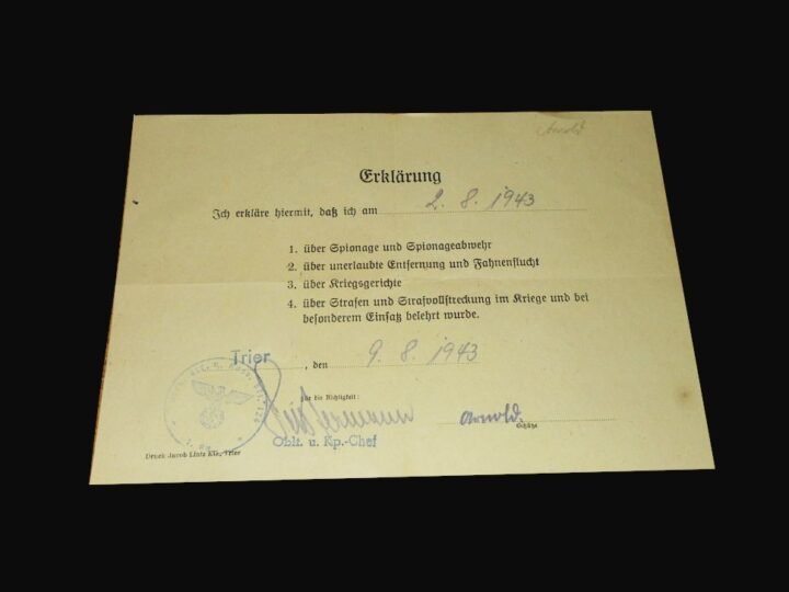 WW2 German Wehrmacht Erklärung – DECLARATION FORM – Legal Acknowledgement 1943 — image 2