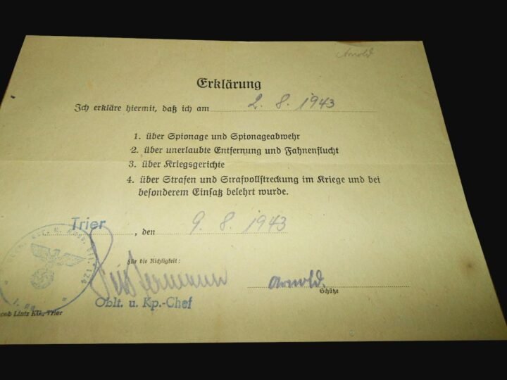 WW2 German Wehrmacht Erklärung – DECLARATION FORM – Legal Acknowledgement 1943 — image 3