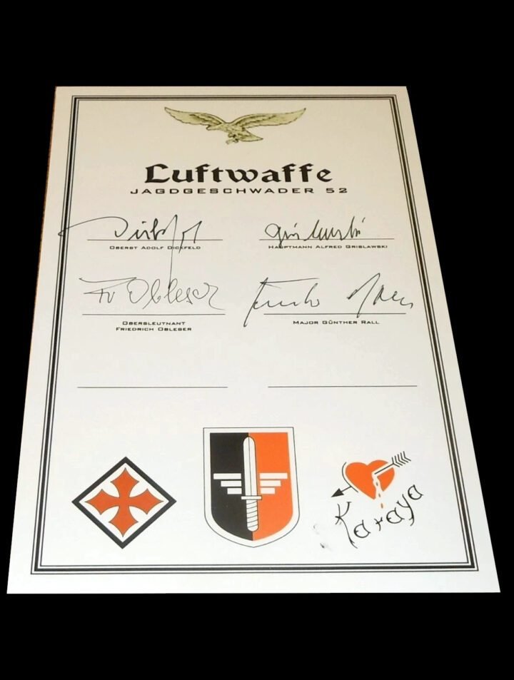 WW2 German Luftwaffe – FIGHTER PILOT AUTOGRAPHS x4 GROUPING CARD – JG52 – NICE! — image 2