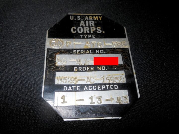 WW2 USAAF Army Aircraft – MAIN ACCEPTANCE DATA PLATE – P-47 C RAZORBACK – RARE! — image 2