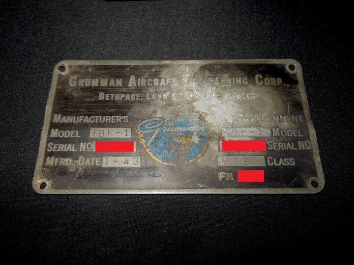 WW2 British Royal Navy FAA Aircraft – TBF-1 AVENGER MAIN DATA PLATE – VERY NICE! — image 2