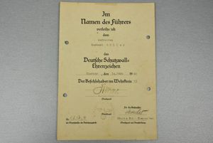 Westwall medal (Deutsches Schutzwall-Ehrenzeichen) award document