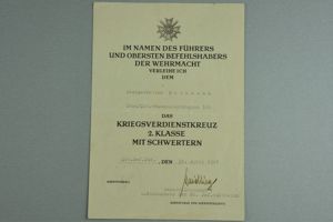 War Merit Cross with swords award document signed by Knight …