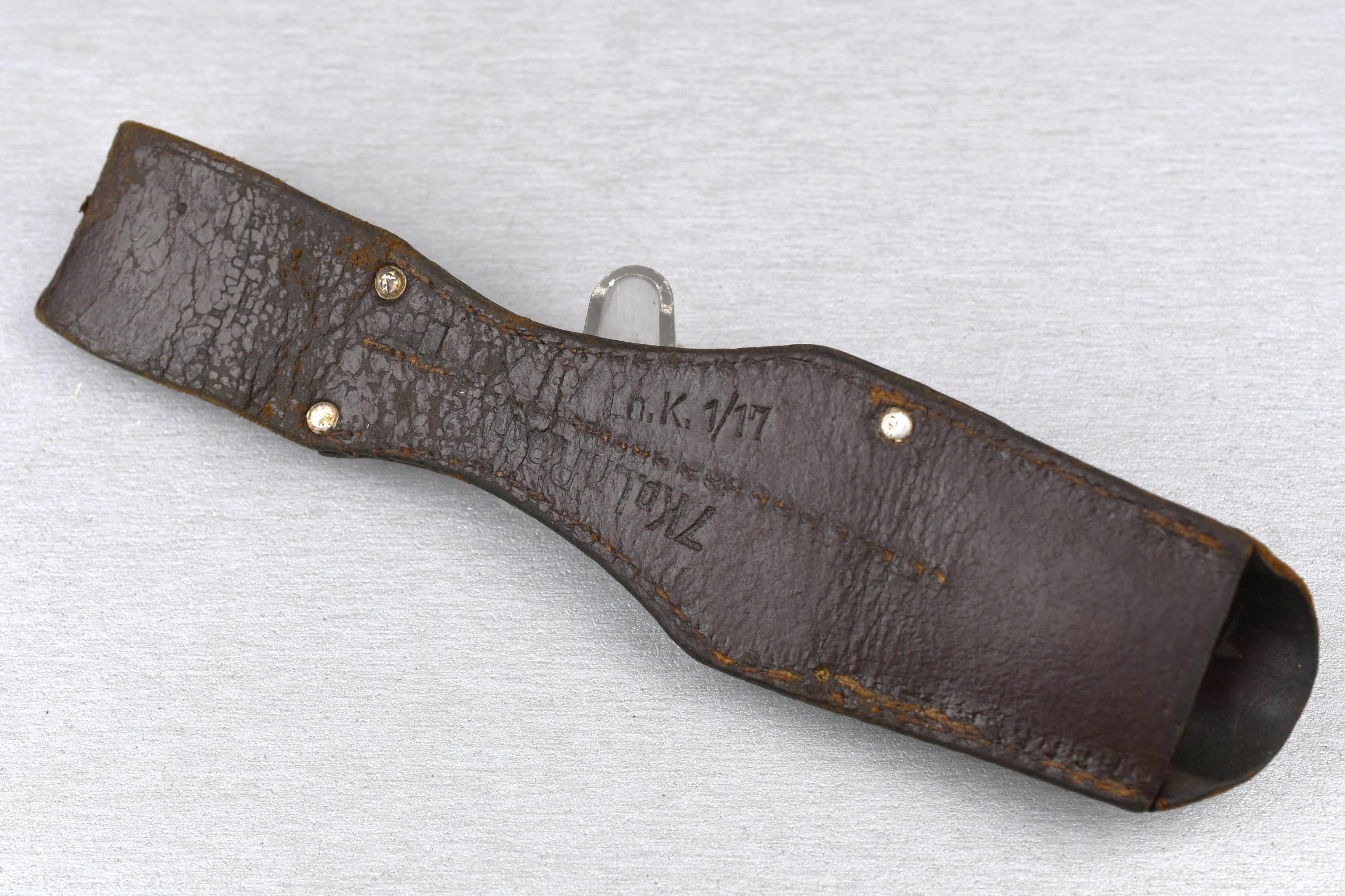Luftwaffe K98 bayonet frog in brown leather with LBA mark unit marked — image 4