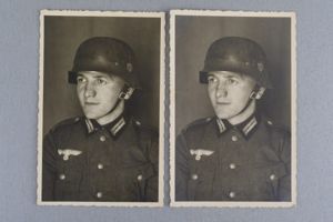 Army (heer) double portrait of soldier wearing a M35 helmet
