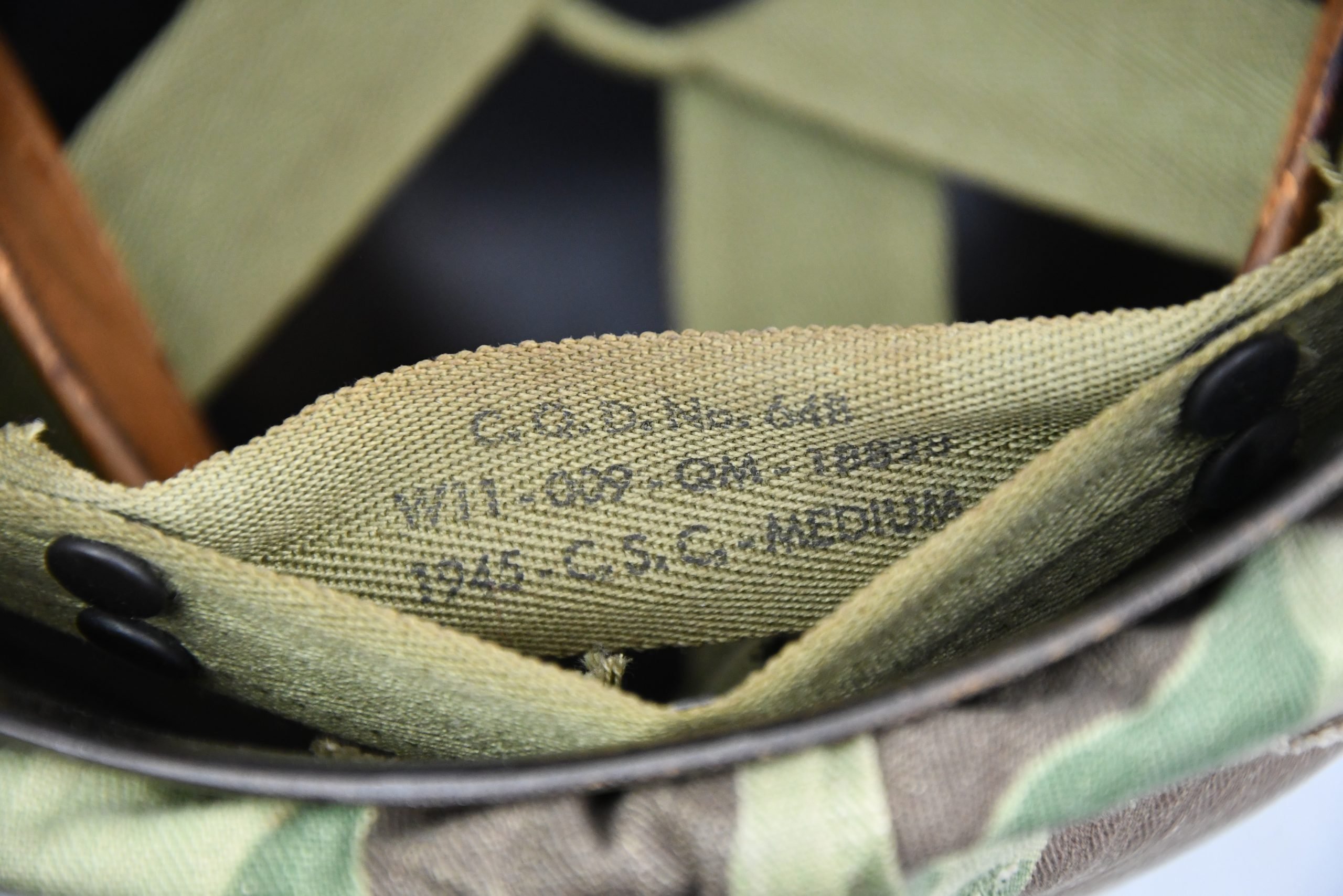 US WW2 M1 steel fixed bail helmet with liner by 'Int'l Molded Plastics Co' and USMC camo cover — image 14