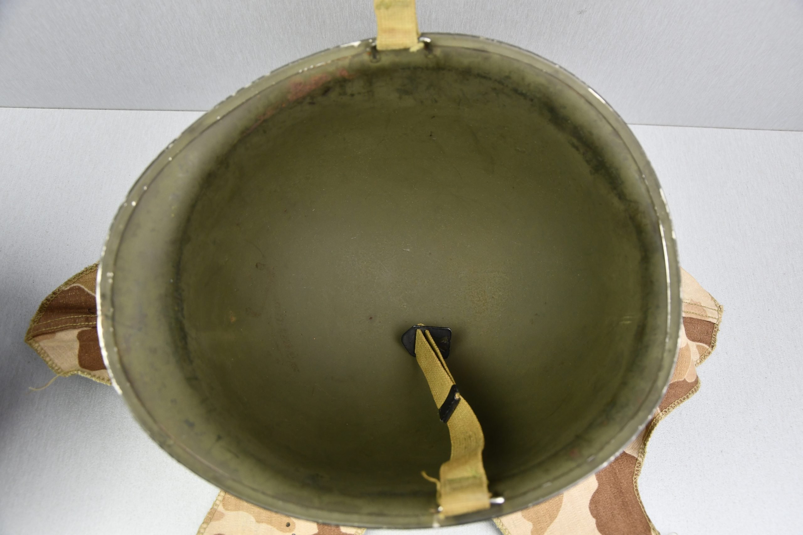 US WW2 M1 steel fixed bail helmet with liner by 'Int'l Molded Plastics Co' and USMC camo cover — image 16