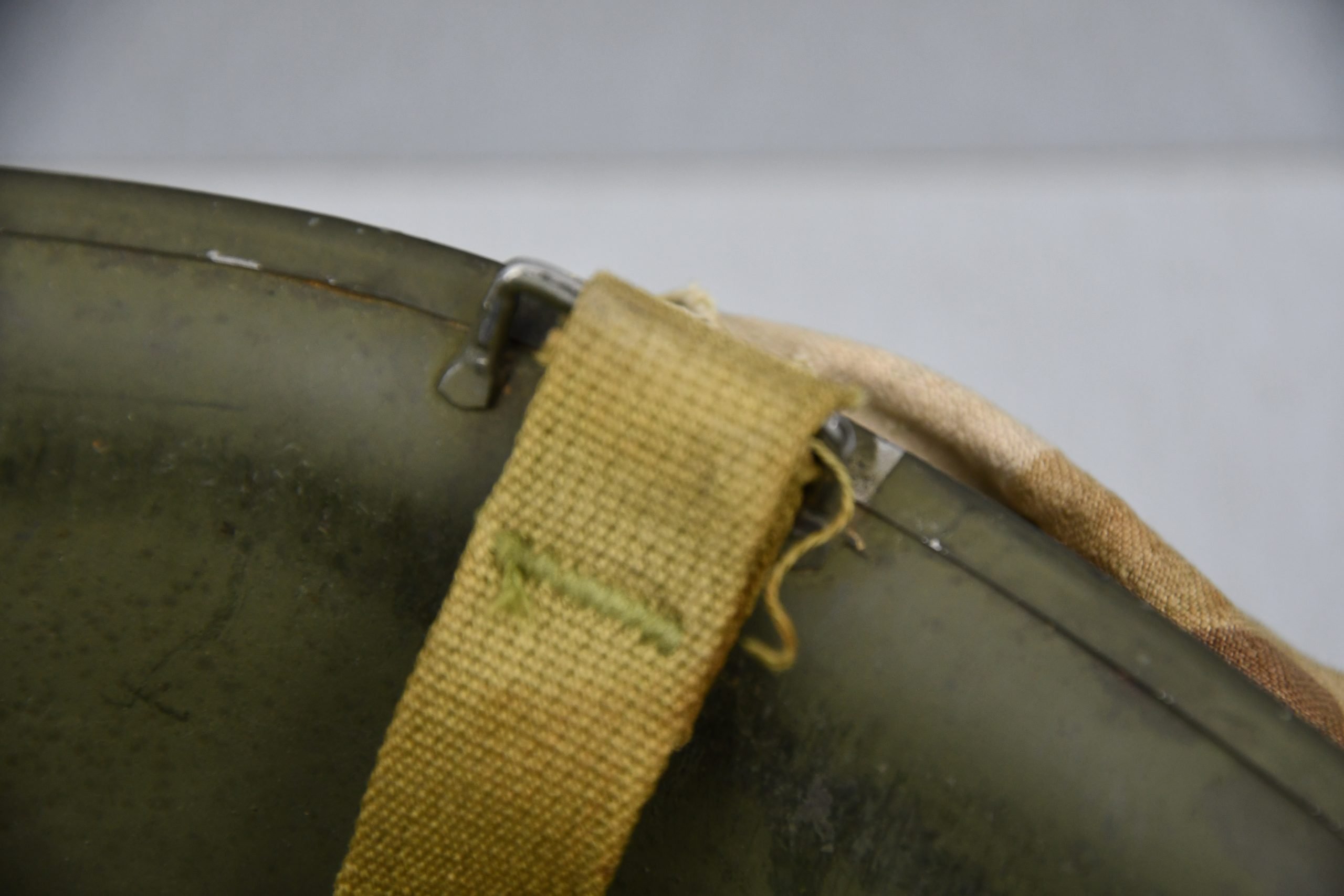 US WW2 M1 steel fixed bail helmet with liner by 'Int'l Molded Plastics Co' and USMC camo cover — image 20