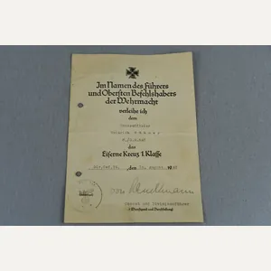 Award Document Iron Cross 1st Class to Heinrich Bühner, Grenadier-Regiment …