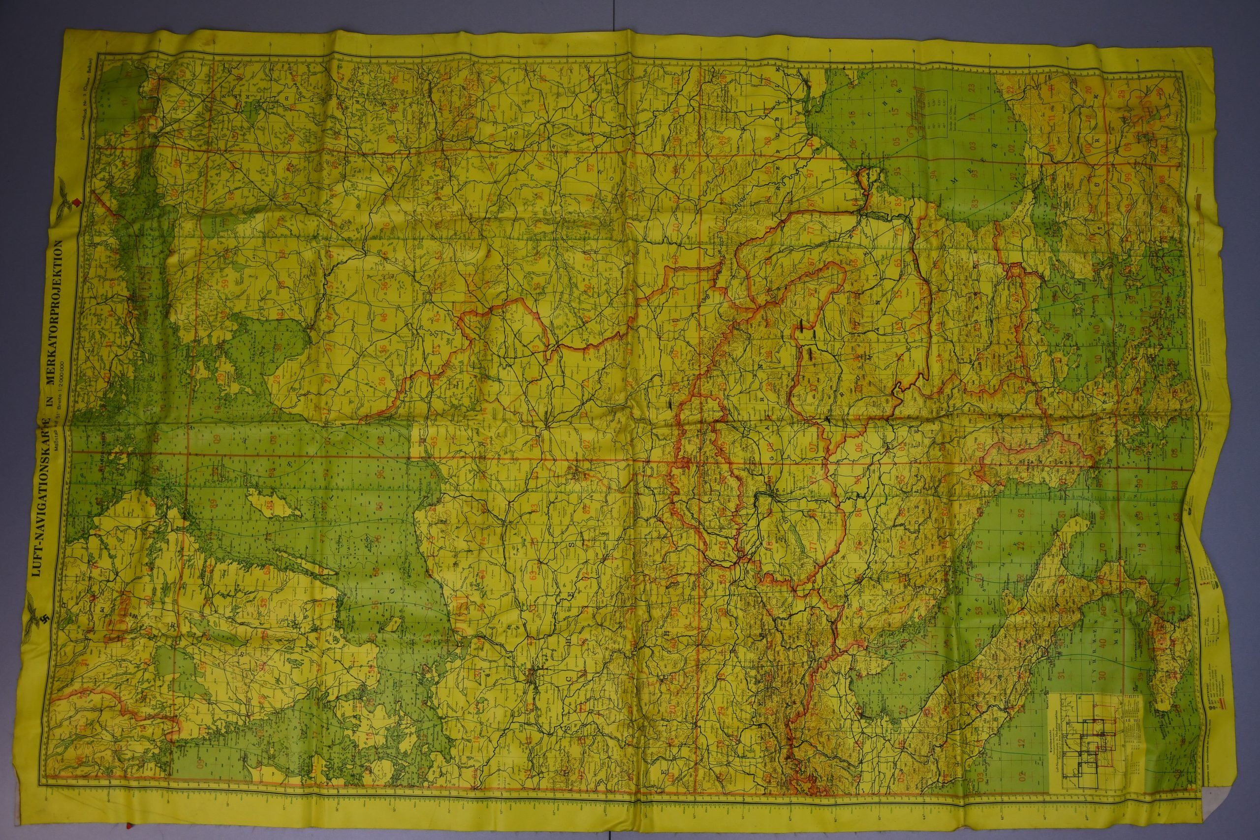 Luftwaffe pilot Luft-Navigationskarte Yellow Night Oilcloth Map of Scandinavia, Central Europe and the Mediterranean 1940 — image 2