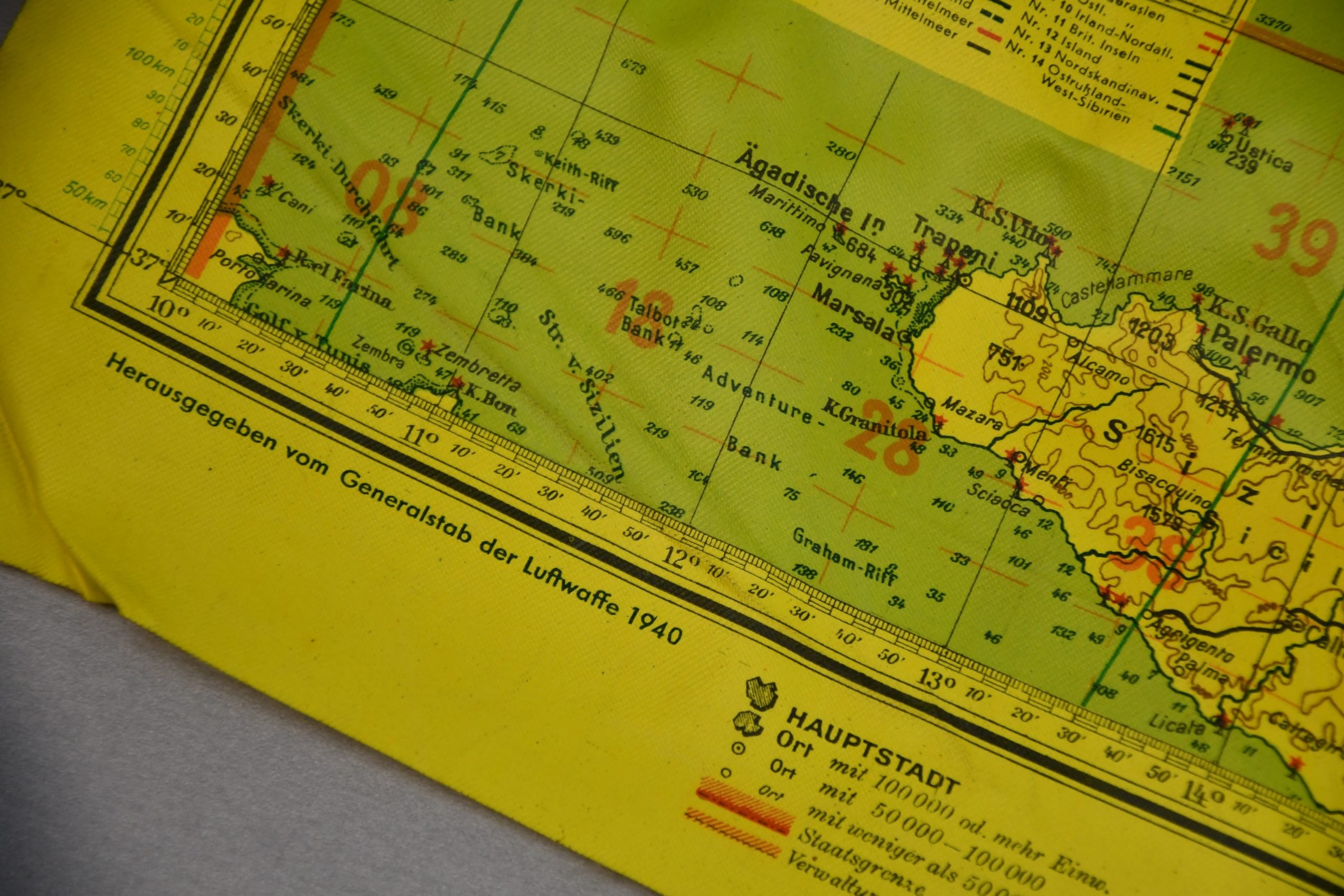 Luftwaffe pilot Luft-Navigationskarte Yellow Night Oilcloth Map of Scandinavia, Central Europe and the Mediterranean 1940 — image 5