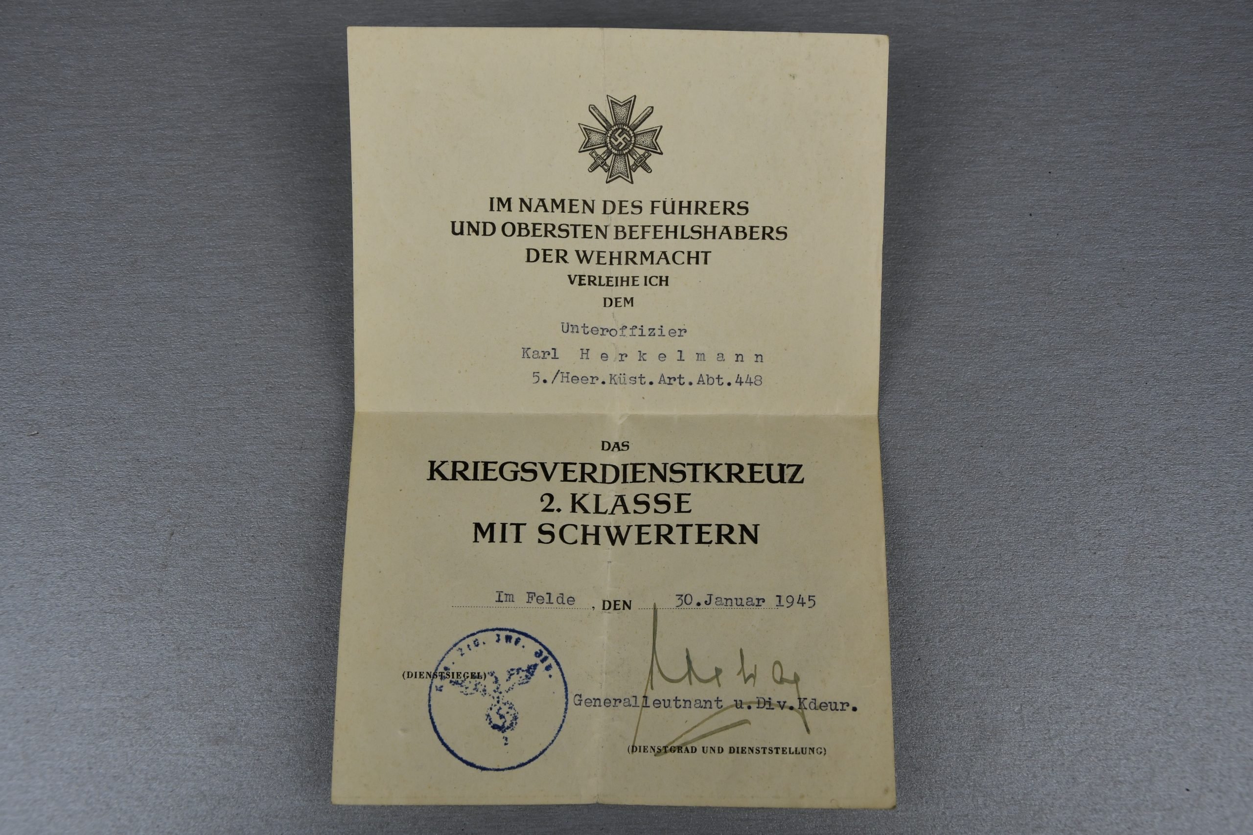 Army (Heer) Wehrpass paper grouping Uffz. K. Herkelmann Coastal Artillery Norway 1945 Lapplandschild — image 2