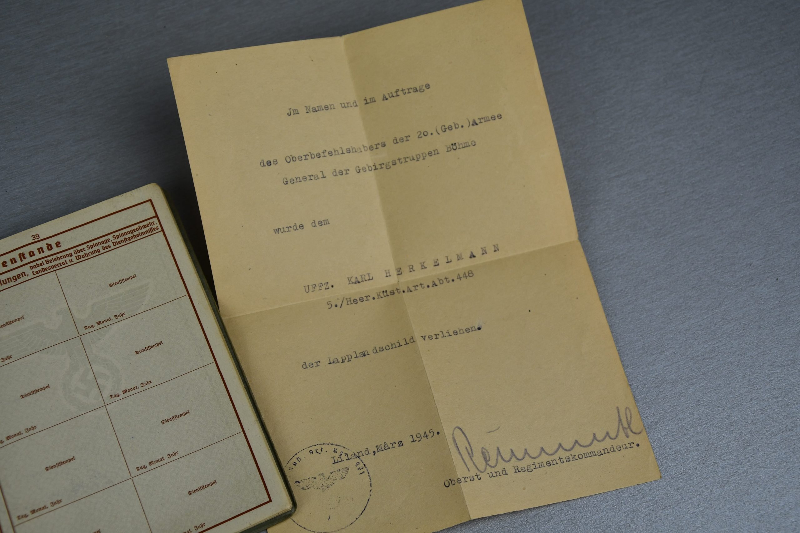 Army (Heer) Wehrpass paper grouping Uffz. K. Herkelmann Coastal Artillery Norway 1945 Lapplandschild — image 25