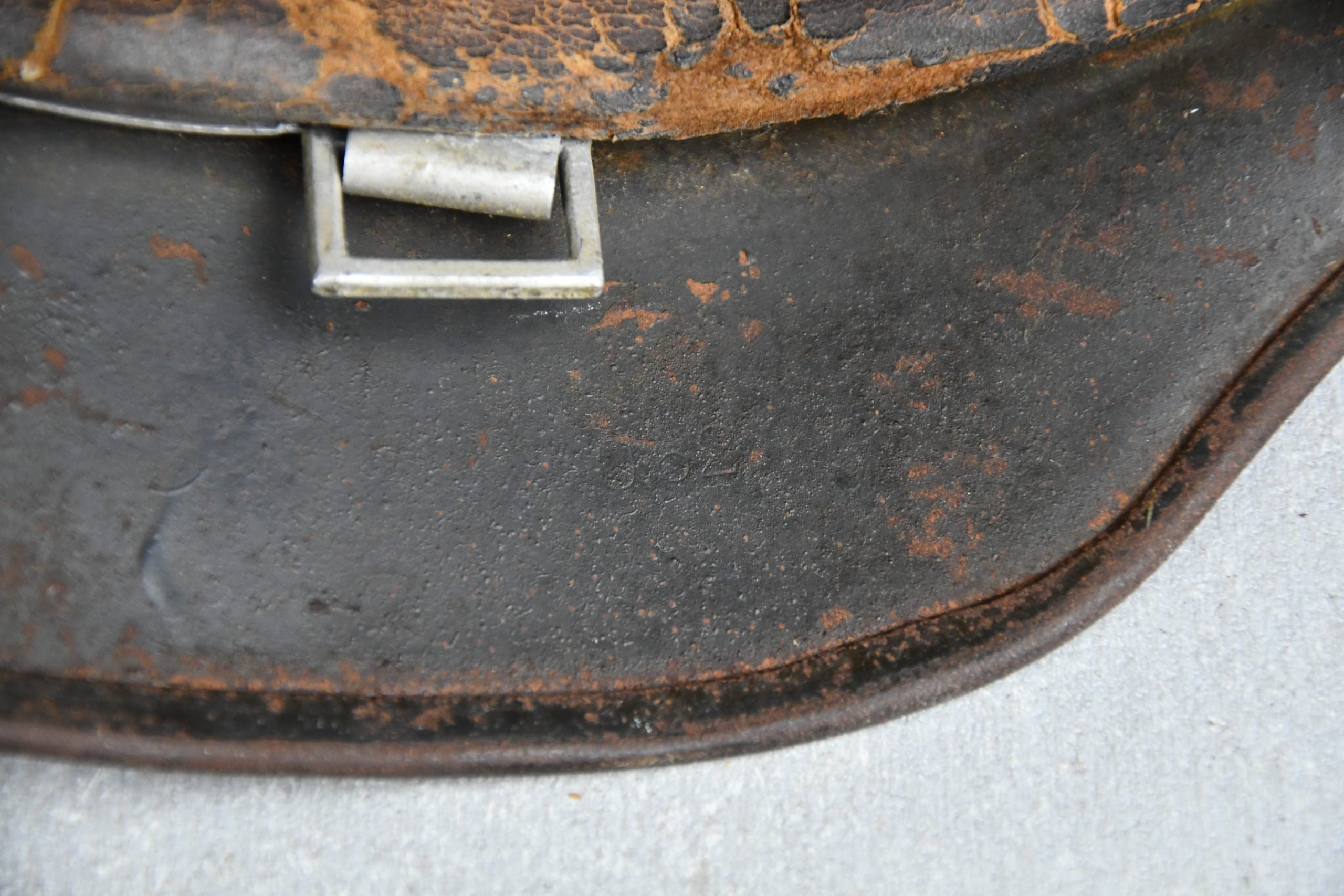 Early M35 Luftwaffe double decal steel helmet with droop tail eagle Q62 named — image 13