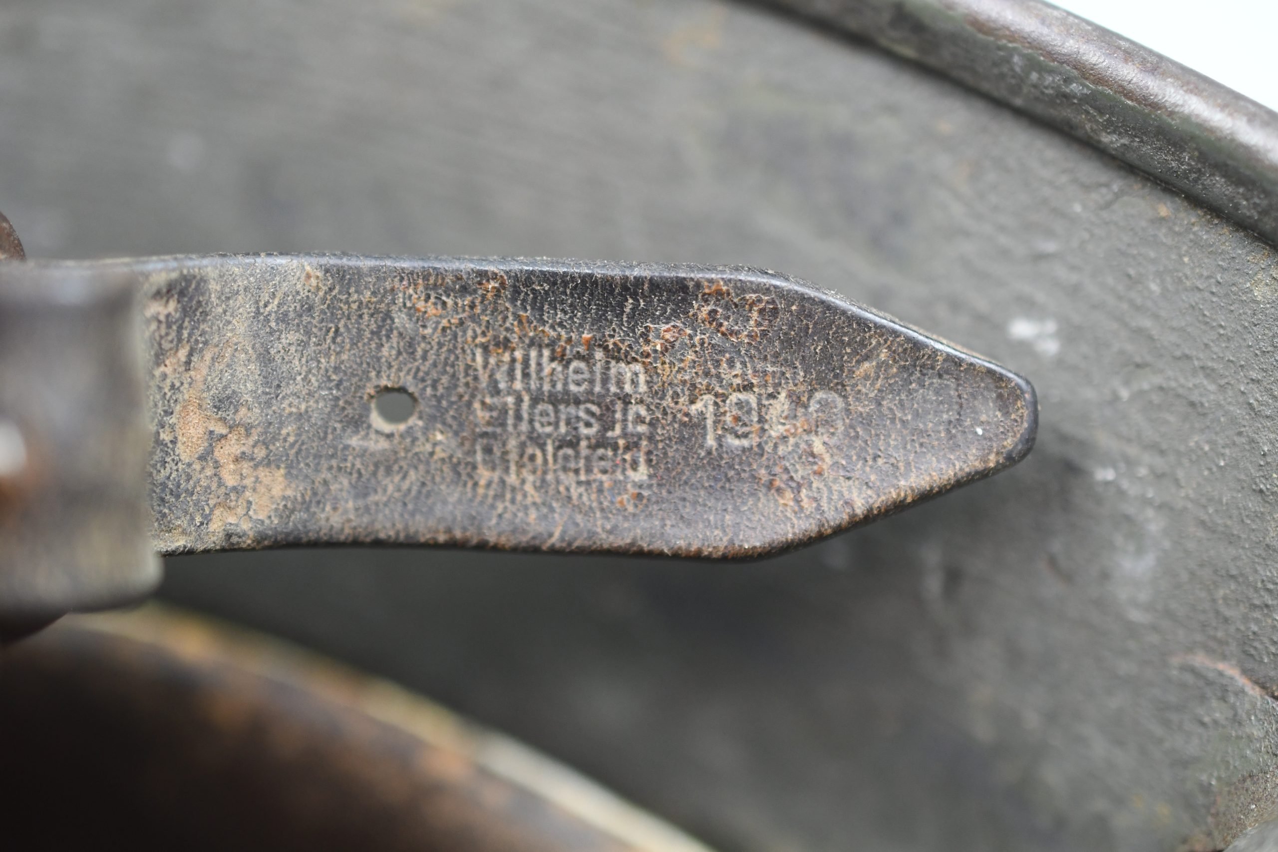 M35 Army (Heer) three tone 'Normandy' camouflage helmet EF62 bullet hit — image 17