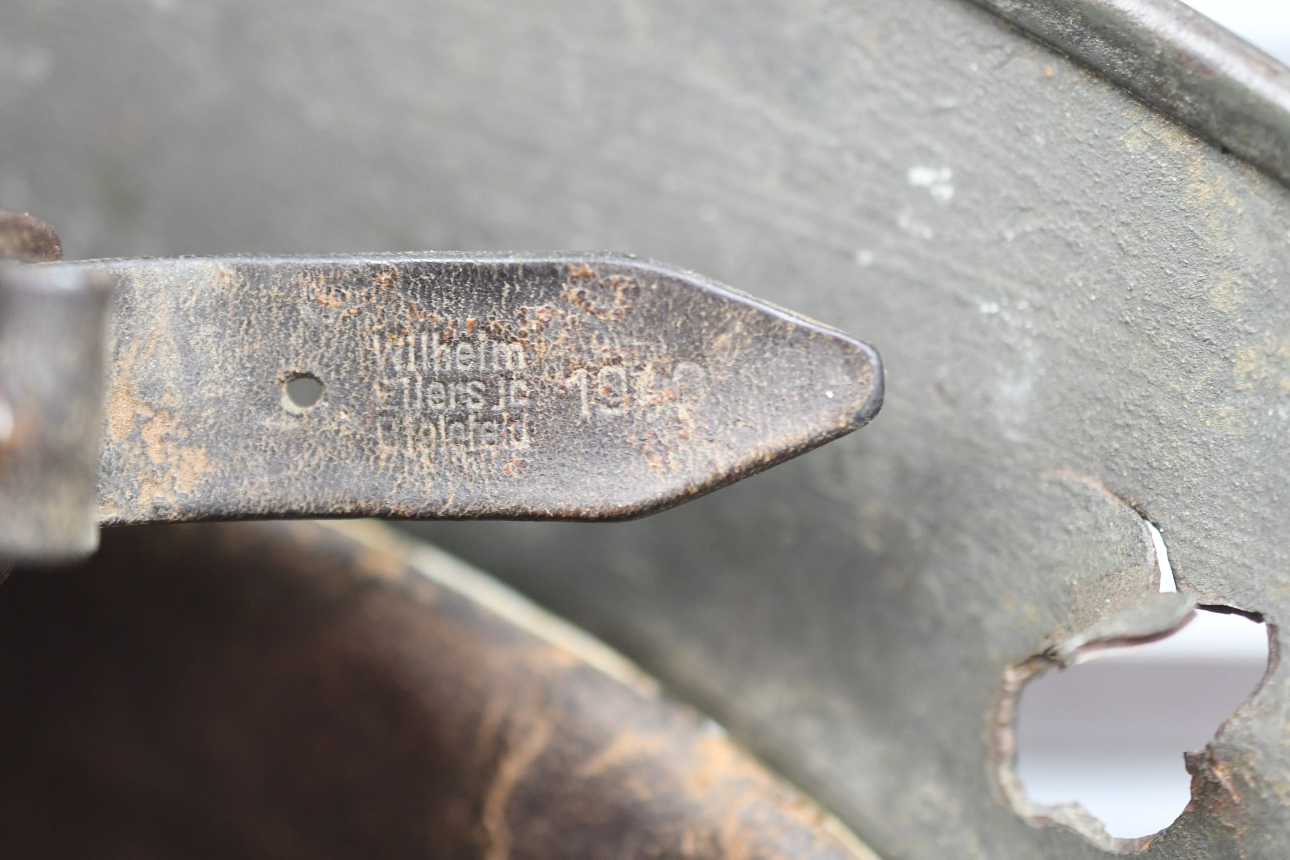 M35 Army (Heer) three tone 'Normandy' camouflage helmet EF62 bullet hit — image 18