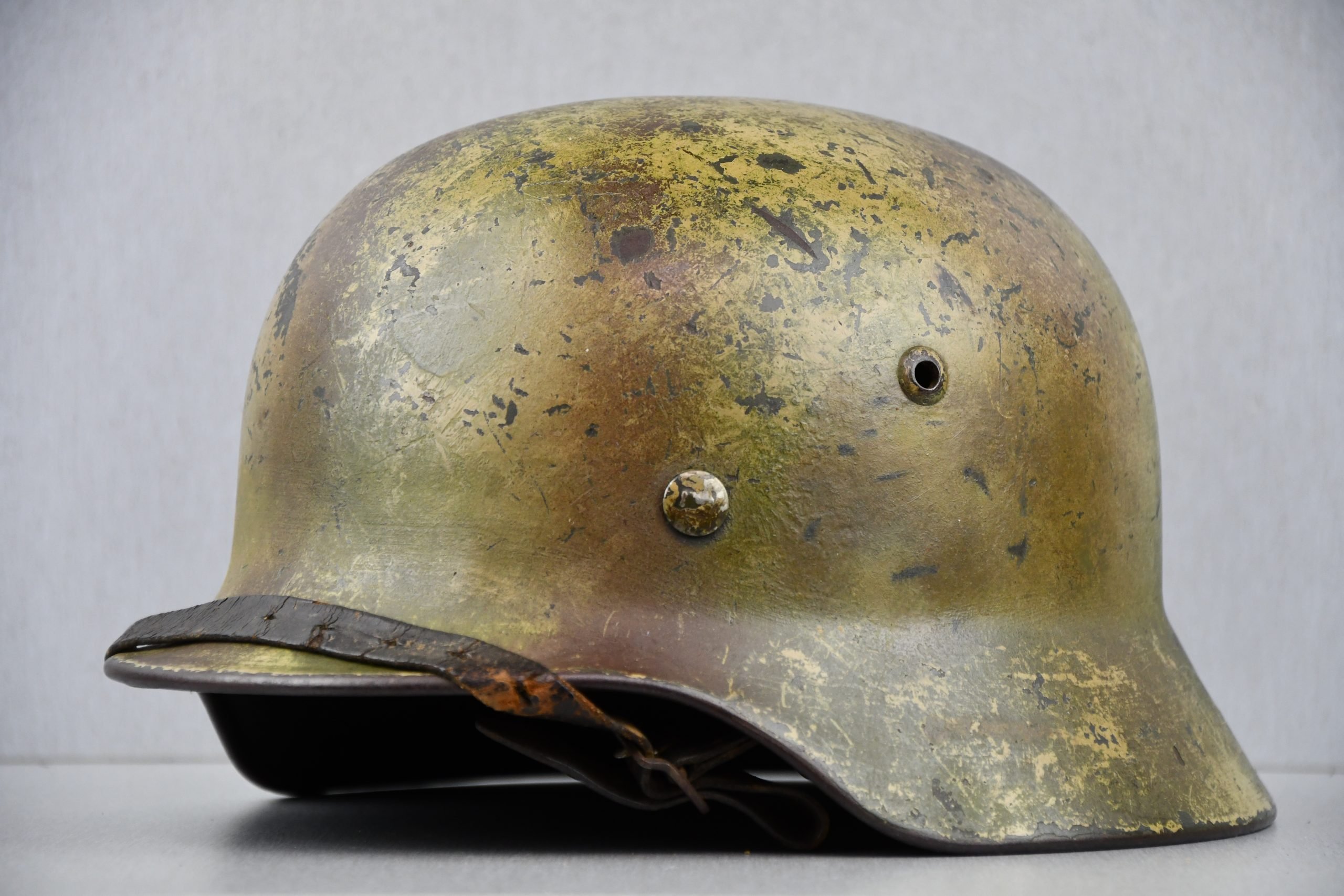 M35 Army (Heer) three tone 'Normandy' camouflage helmet EF62 bullet hit — image 2