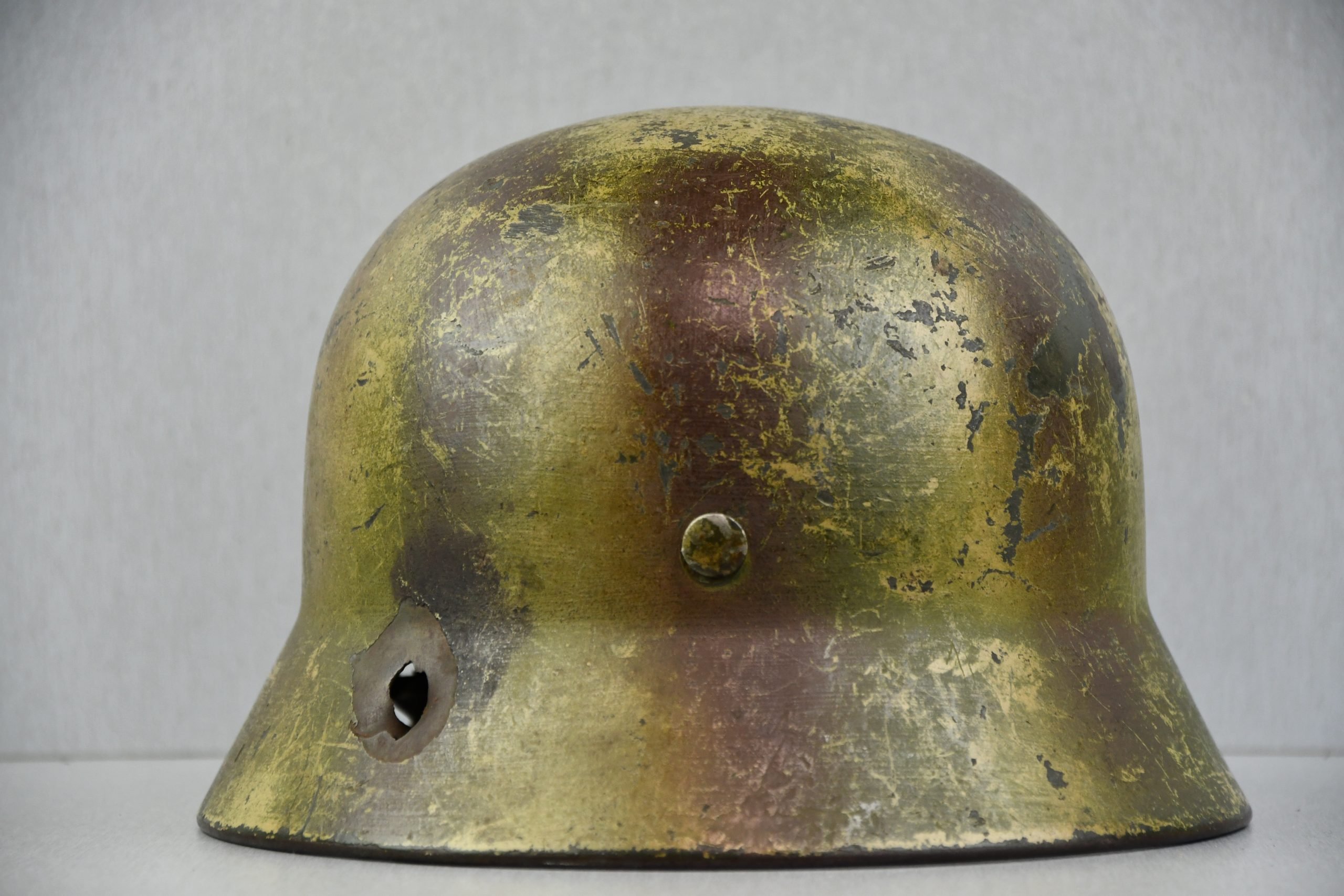 M35 Army (Heer) three tone 'Normandy' camouflage helmet EF62 bullet hit — image 4