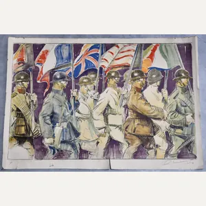 Large Original WWI Allied Soldiers Charcoal Drawing – Signed – …