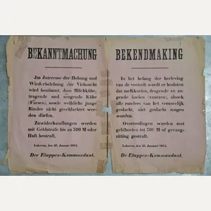 Large Original WWI German Occupation Poster 'Bekanntmachung / Bekendmaking' – …