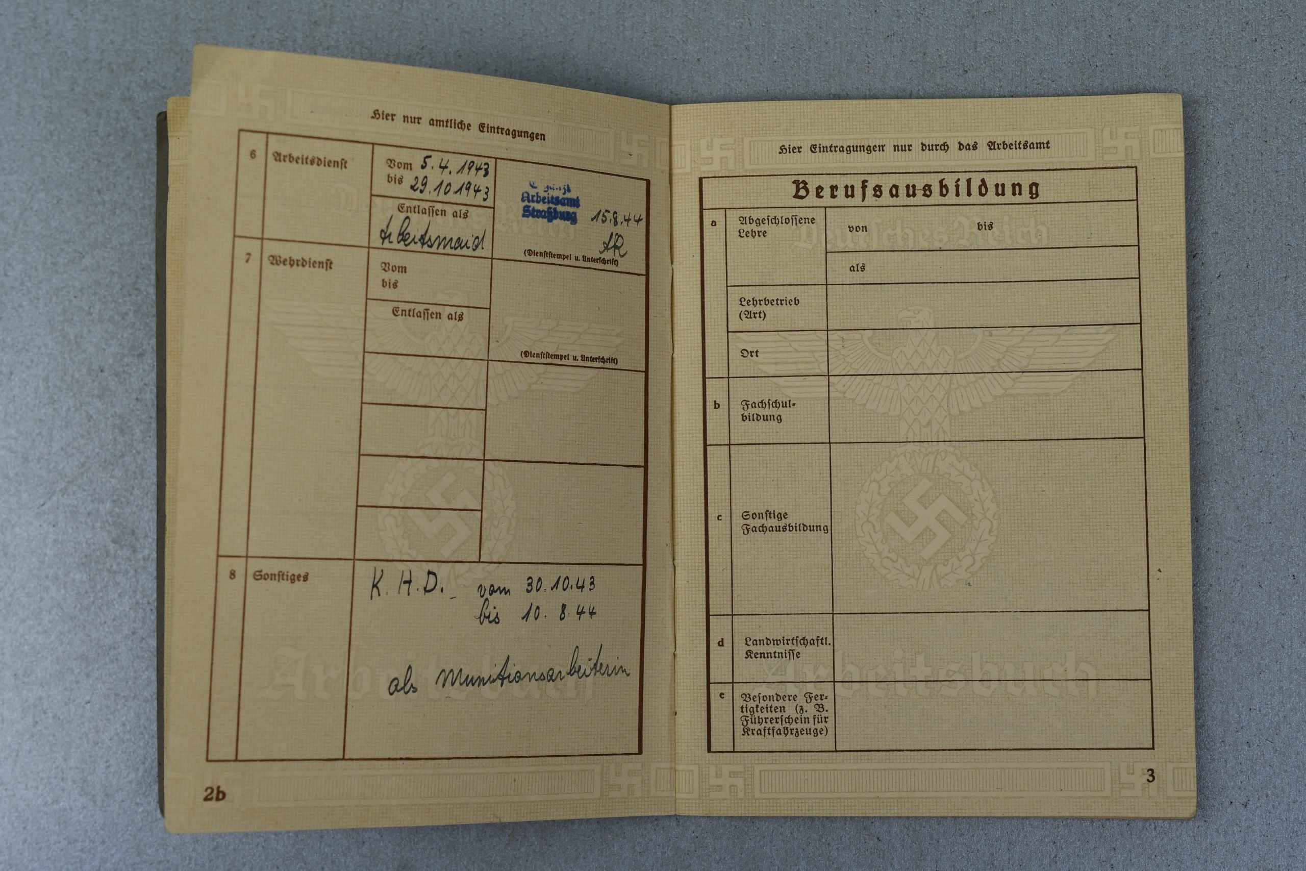 RAD & Munitions Worker Arbeitsbuch – Also Dental Assistant – Anna Margarete Diffine – Arbeitsamt Straßburg — image 4