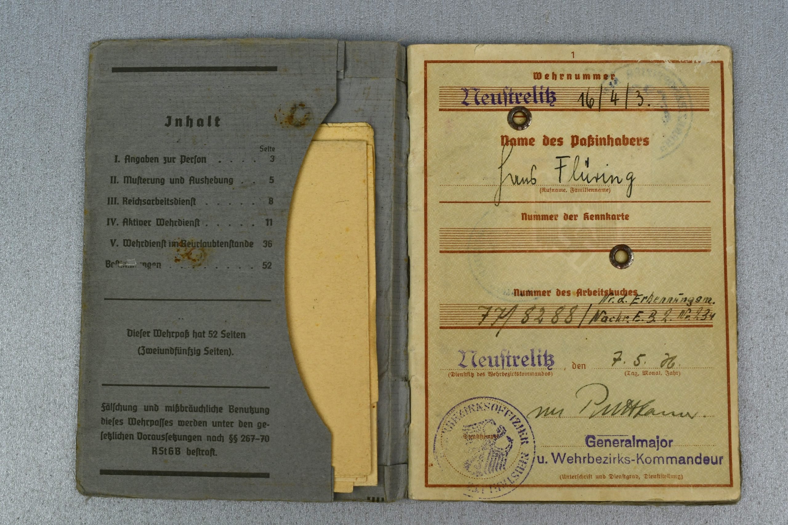 Army (Heer) Wehrpass Hans Flüring Artillerie-Regiment 292 — image 2