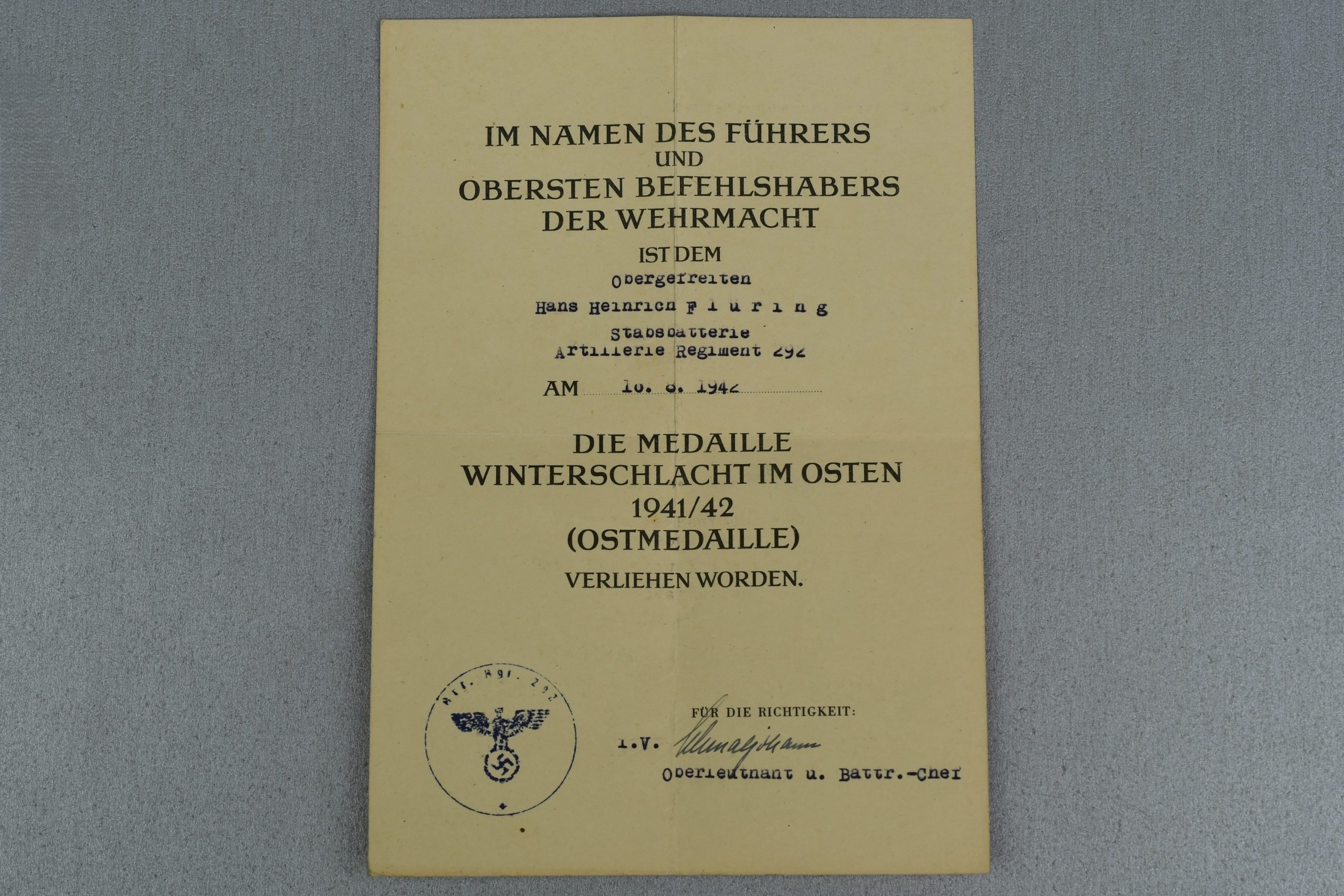 Army (Heer) Wehrpass Hans Flüring Artillerie-Regiment 292 — image 24