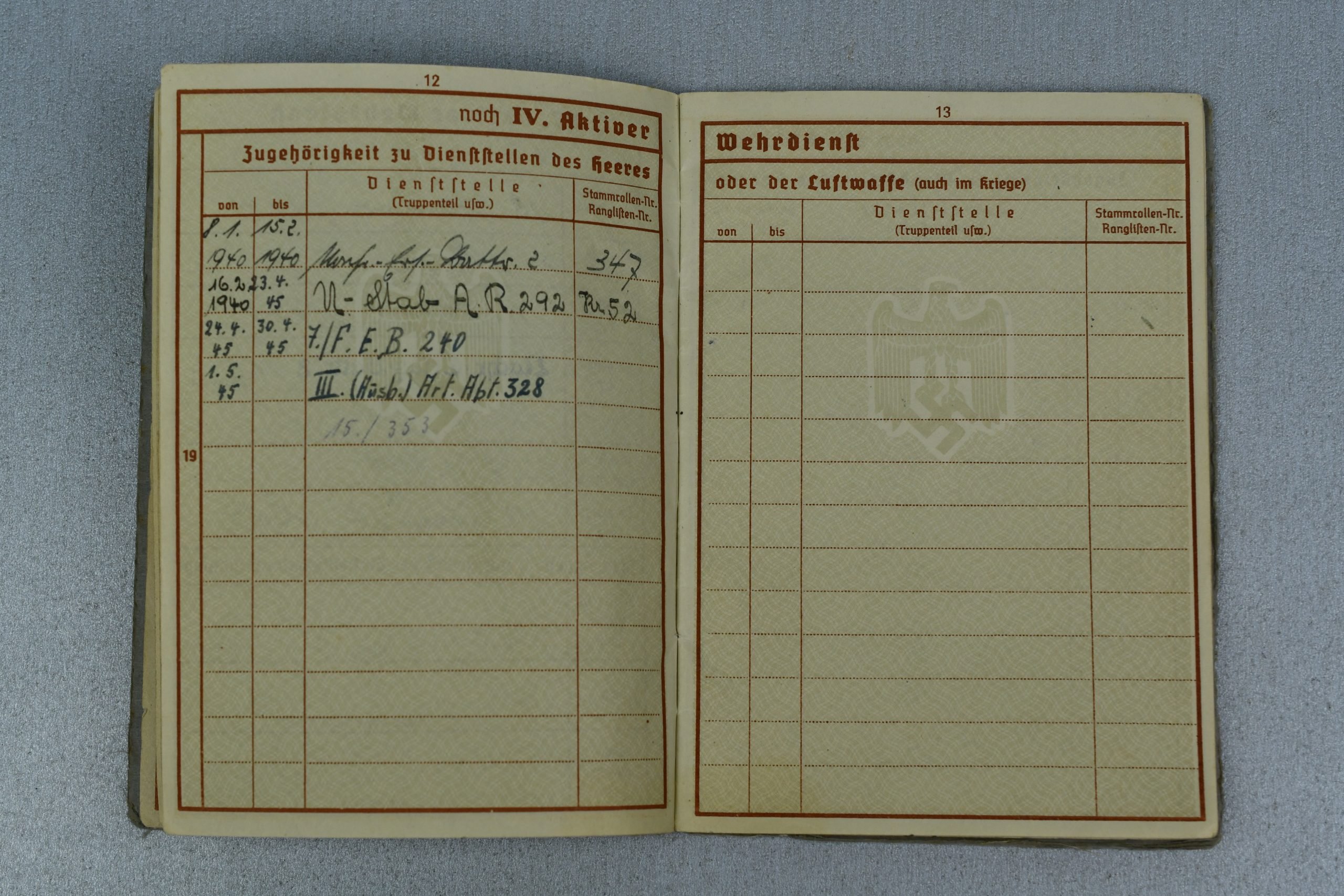 Army (Heer) Wehrpass Hans Flüring Artillerie-Regiment 292 — image 8