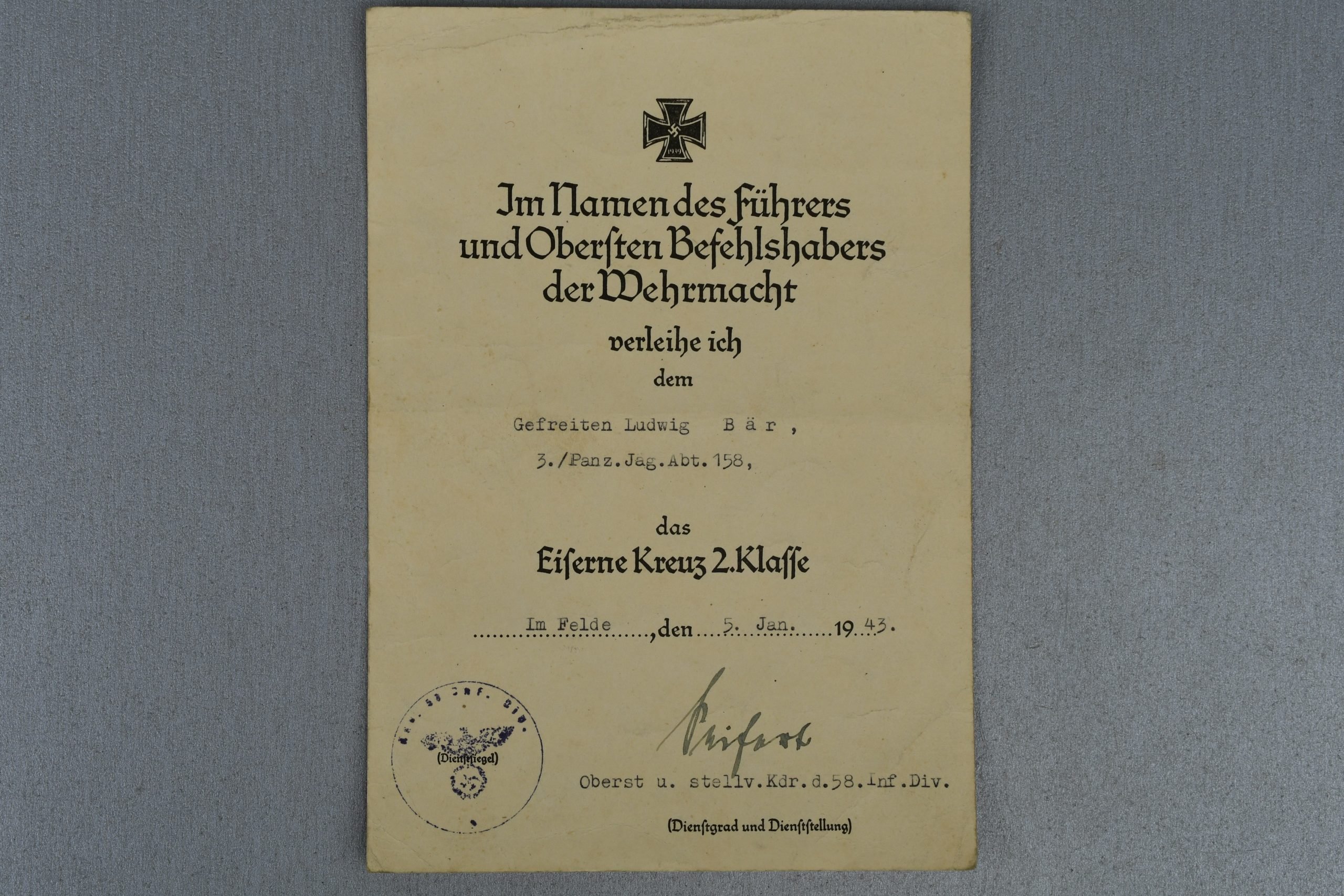 Medal and document grouping Ludwig Bär Panzerjäger-Abteilung 158 — image 22