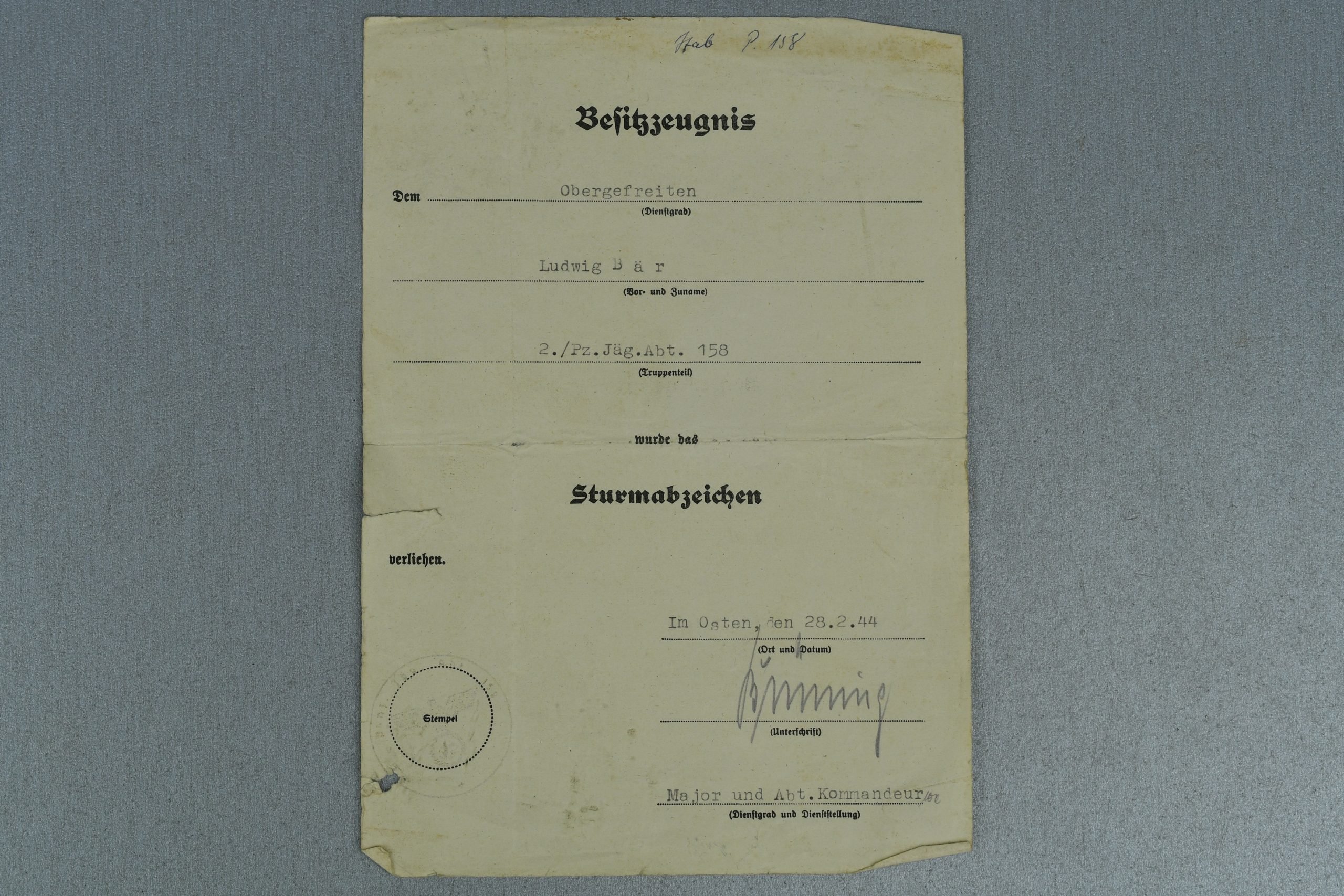 Medal and document grouping Ludwig Bär Panzerjäger-Abteilung 158 — image 36