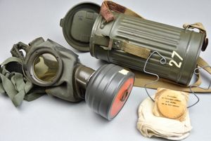 Early short M31 gas mask canister with straps and mask …
