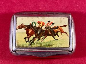 Antique Chrome Plated Snuff Box with Horse Racing Scene c1920