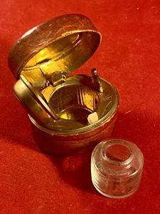 Antique Victorian Red Leather Covered Oval Gilt Brass Traveling Inkwell …