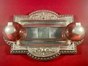Antique Silver Plated Double Glass Inkwell and Pen Rest with …