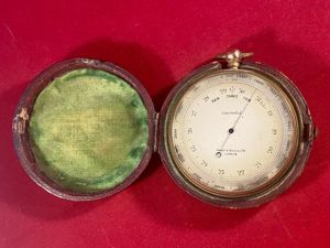 Large Antique Gilt Brass 2.75” Pocket Barometer with Case by …