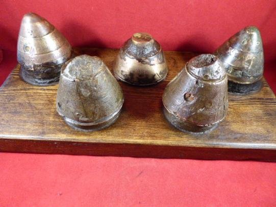 5 INERT Relic WW1 British Brass Fuse Heads from the SOMME Battlefields Mounted on an Oak Base — image 2