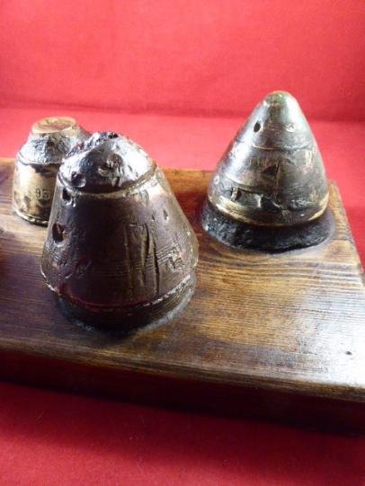 5 INERT Relic WW1 British Brass Fuse Heads from the SOMME Battlefields Mounted on an Oak Base — image 3