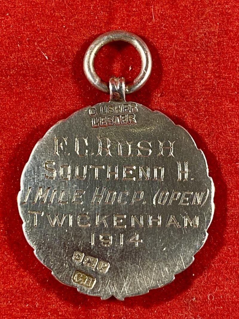 Unusual WW1 Hallmarked Silver and Enamel Medal - “Relief Fund Sports” awarded to F. C. Rush - 1 Mile - 1914 — image 6