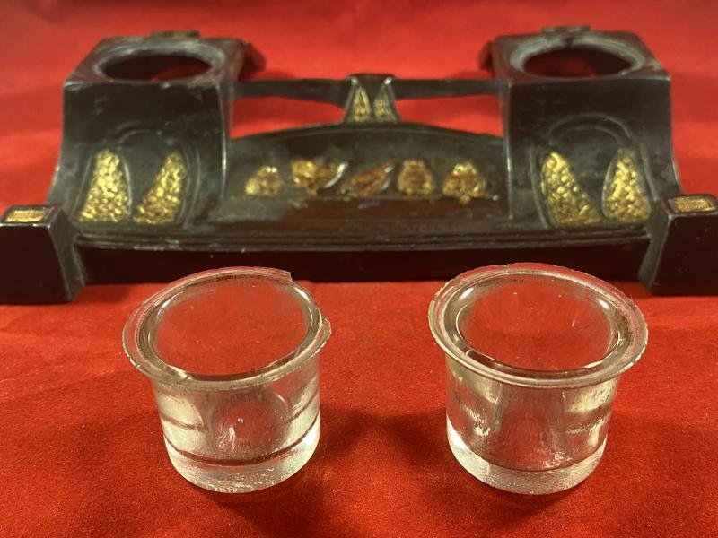 Antique Bronzed and Gilt Pewter Art Nouveau Double Inkwell and Pen Tray — image 9