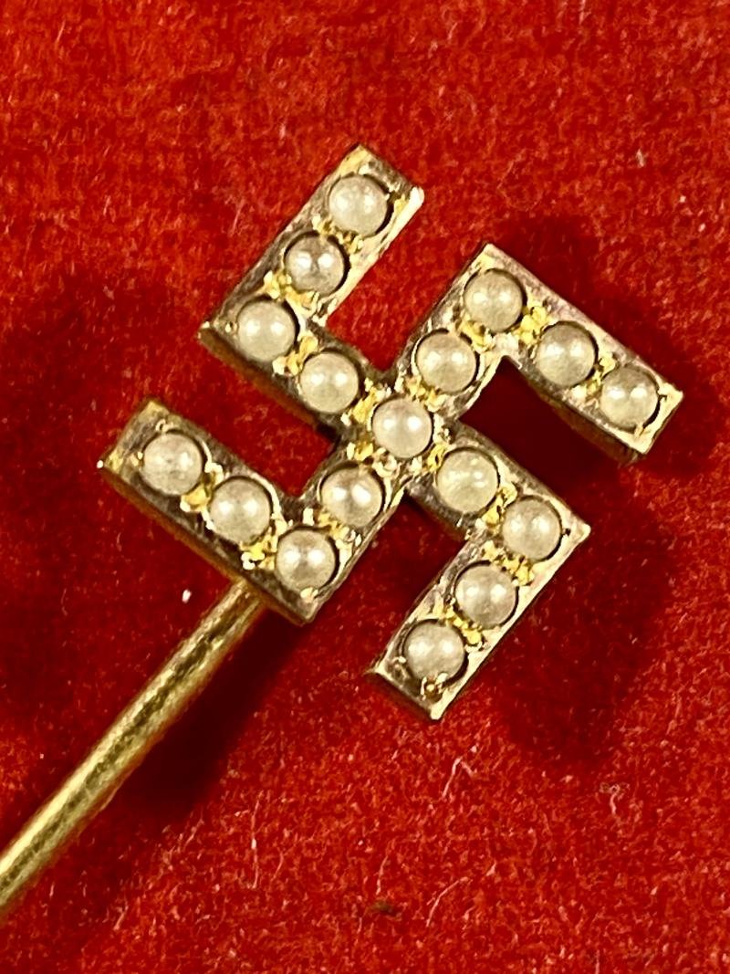 Antique Swastika Stickpin made with Seed Pearls Set in Gilt Metal by Plainville Stock Company USA c1890 — image 2