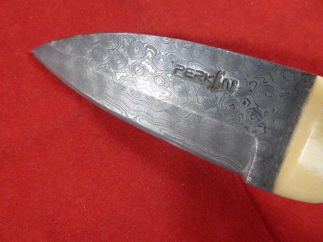 Vintage PERKIN Special Edition Damascus Collector's Hunting Knife with Leather Sheath — image 7